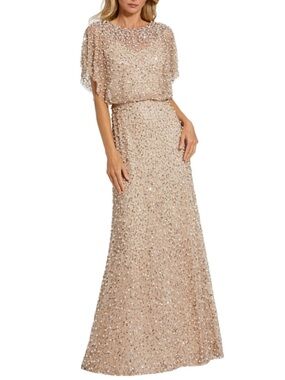 Mac Duggal Nude Gold Sequins, Beads & Pearls Embellished High Neck Blouson Gown
